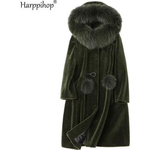 Womens winter warm genuine fox fur hood winter warm coat Real wool Long coat jacket overcoat