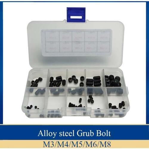 100pcs Alloy steel Hex Socket Set Screws Grub Screw Fastening M3/M4/M5/M6/M8 Kit
