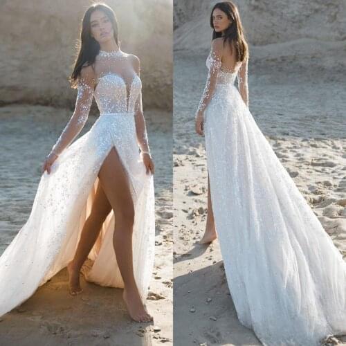 2020 High Collar Boho Wedding Dresses Beach Style A Line Lace Beaded Bohemian Bridal Gowns Long Sleeves Vestido De Noiva
