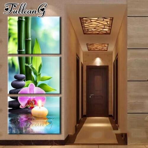 FULLCANG 5d diy diamond embroidery bamboo black stone pink flower diamond painting triptych full square round drill FC3296