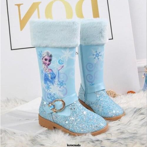 Disney New Elsa High Boots Girls High-heeled Autumn And Winter warm Children Sequins Snow Shoes Frozen Boots