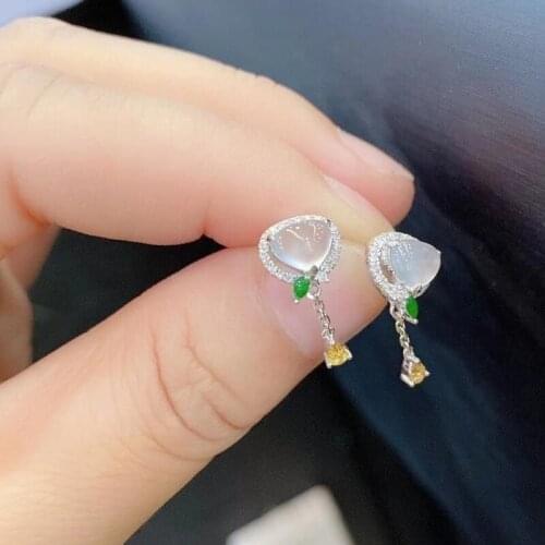 Designer original diamond-encased high ice heart-shaped chalcedony ear studs, luxury charm, ladies brand silver jewelry