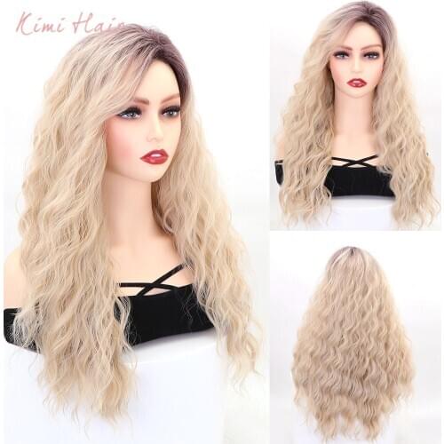 Kimi Hair Long Wavy Ombre Brown Light Blonde Synthetic Wigs for Women Heat Resistant Fibre
