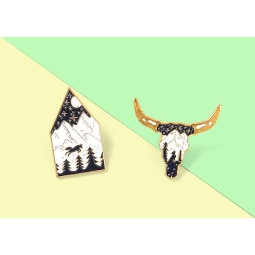 Head of Cow Enamel Pins Mountain Tree Animal Jewelry Brooches Badge Accessories on Backpack Cap Gift for People Who Love Jungle
