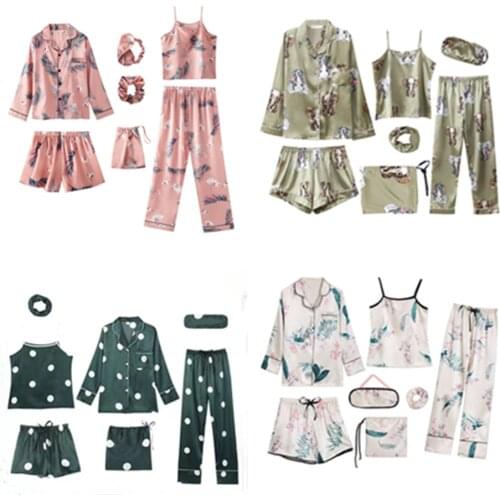 Lingering Warmth 7 Pieces Womens Silk Satin Pajamas Sets Pyjamas Set Sleepwear Pijama Pajamas Suit Female Sleep Set Loungewear
