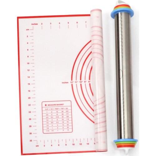 17 Inch Rolling Pins and Silicone Baking Pastry Mat Set Adjustable Thickness Non-stick Rolling Pin Stainless Steel Dough Roller