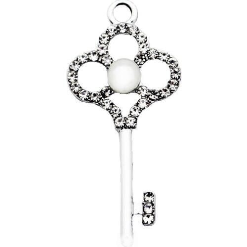 Newest 20pcs/lot Hollow Out Key Crystal Pearl Dangle Charms Lobster Clasp Charms For Bracelet Pendant Necklace DIY Jewelry