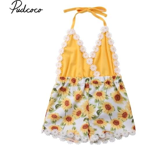 2018 Brand New 0-5Y Summer Toddler Baby Girls Romper Jumpsuits Lace Sleeveless Belt V-Neck Sunfolwer Yellow Patchwork Romper