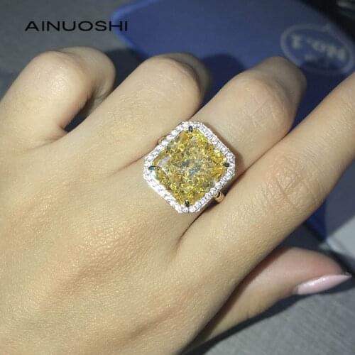 AINUOSHI 14K/18K Gold 12X13mm 10ct Radiant Cut Yellow AINUOSHI Stone Double Halo Twist Engagement Rings for Women Wedding Rings