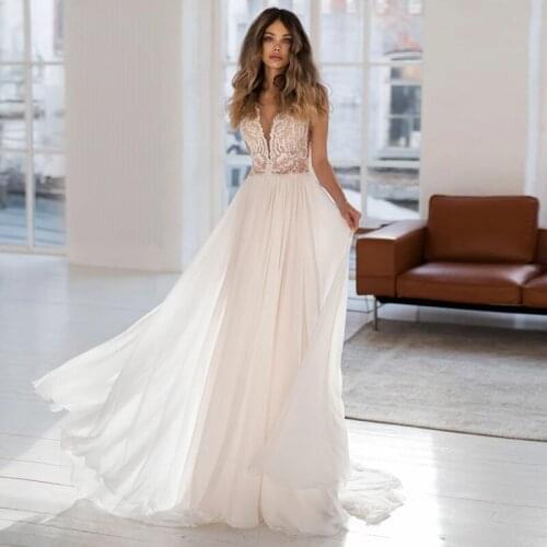 Charming Summer Boho Lace Bridal Wedding Gowns Sleeveless V Neckline Illusion Back Wedding Dress for Bride Sweep Train On Sale