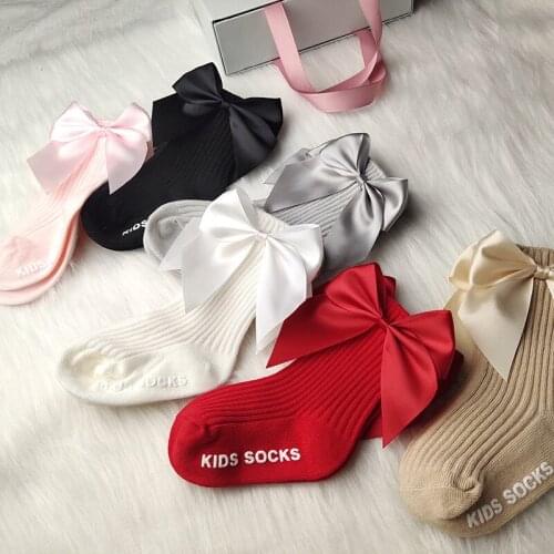Autumn Kids Cotton Socks Baby Anti-Slip Medium Tube Socks with Bowknot for Spring Red/Light Gray/Khaki/Pink/White/Black