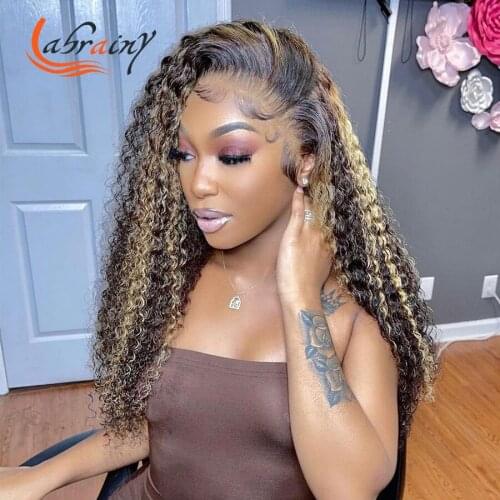Highlight Honey Blonde Ombre Brown Hd Lace Front Curly Wig Transparent 13X6 Lace Frontal Full Deep Wave Human Hair Wigs 30 Inch