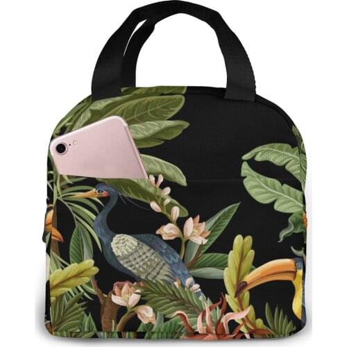 Birds And Tropical Leaves And Flowers Cooler Lunch Box Portable Insulated Lunch Bag Thermal Food Picnic Lunch Bags