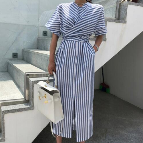 Korean Women Summer Cotton Blue Striped Bandage Split Long Dress Female Long Bodycon Plus Size Vestido Robe Femme Sukienki