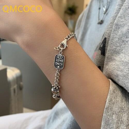 QMCOCO Japan-Korea Style Design Punk Crown Heart-Shape Bracelet Simple INS Fashion 925 Silver Retro Do Old For Women Party Gifts