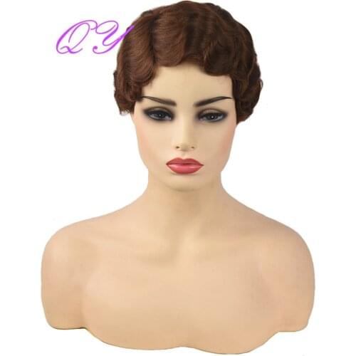 QY Hair Short Curly Wigs for African American Finger Wave Synthetic maroon Hair Wig Cosplay