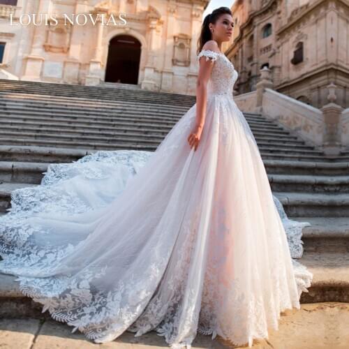 Louis Novias luxury Beaded deep V-neck Princess Wedding Dress 2020 off shoulder a line 3D twist button custom Vestido de noiva