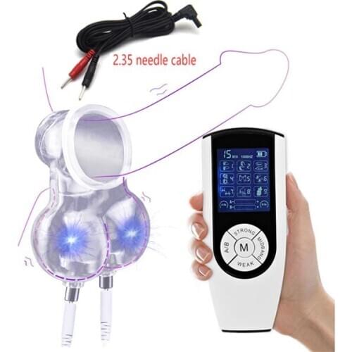 Male Chastity Device Electric Shock Penis Ring Scrotum Bondage Cage Ball Stretcher Male Electric Stimulator Masturbation Sex Toy