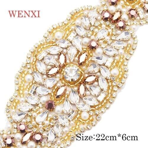 WENXI 30pcs Handmade Rose Gold Bride Rhinestones Appliques Banding Iron On Wedding Dress Belt Rose Gold Crystal Accessory WX939