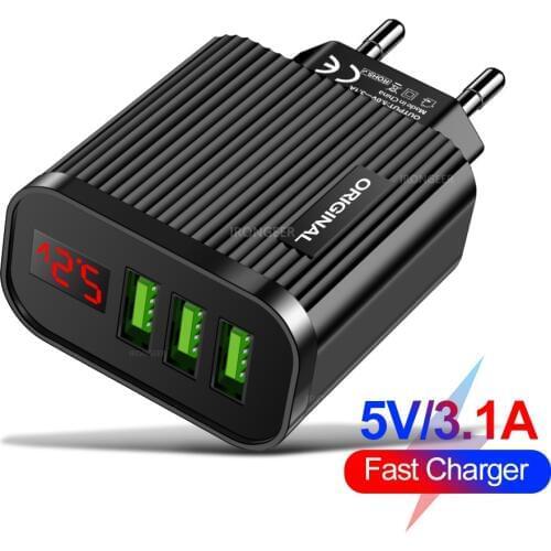 5V 3.1A Digital Display USB Charger For iPhone Charger 3 USB Portable Fast Charging Wall Phone Charger For Samsung Xiaomi Tablet