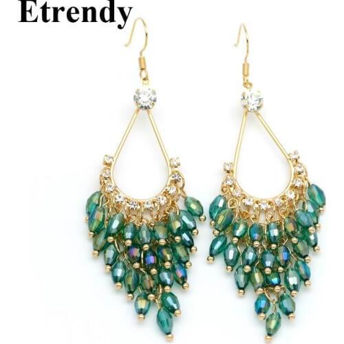 New Statement Crystal Beads Long Earrings For Women Bijoux Elegant Ethnic Jewelry Party Brincos Green Black Pink White all match