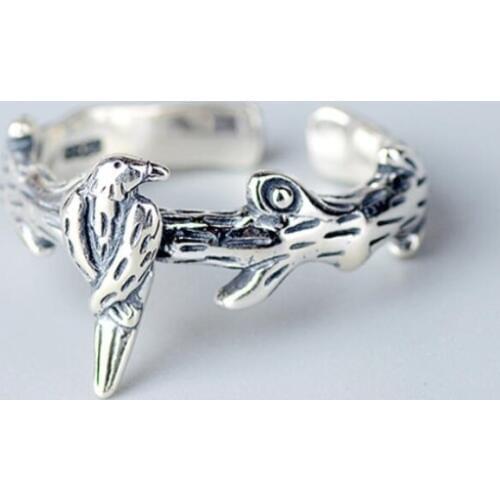 Thai Silver Retro Bird Female Models Branch Leaves 925 Sterling Silver Personality Fashion Female Resizable Opening Rings SRI187