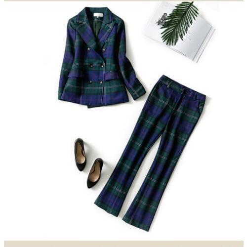Ladies Business Suit for Office 2 Piece Womens Formal Wear Blazer Pant Suits Female Party Suits Uniform Plaid British Style Y213
