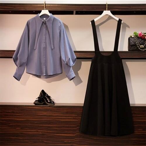 2021 Spring Autumn Oversized Women Dress Sets Long Sleeve Elegant Shirts + Overalls Straps Dress Two Piece Lady Suit KE992