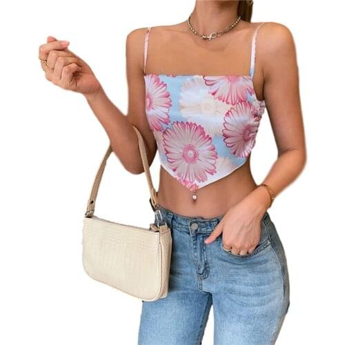 Women Sexy Lace Up Halter Summer Tank Tops Floral Print Sleeveless Backless Bandage Party Club Crop Top Vest Female Skinny