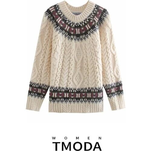 TMODA852 Za 2021 Vintage Contrast Jacquard Woman Sweaters Winter O Neck Long Sleeve Cable Knitted Sweater Women Pullover