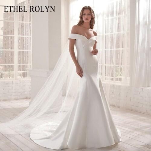 ETHEL ROLYN Mermaid Wedding Dress 2021 Classy Ruched Off the Shoulder Satin Bride Backless Sweetheart Chapel Train Bridal Gown