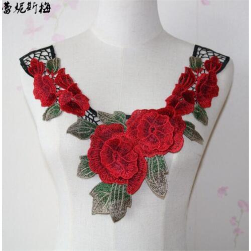 10Pc High Quality Motif Applique Red Neck Neckline Collar Flower Venise Lace Trims Craft Ethnic Wind Collar Flower 33.5X32.5cm