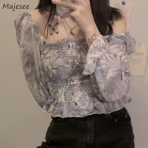 Blouses Women Crop Top Printed Full Sleeve Korean Style Stylish Designer Soft Sexy Streetwear Leisure Off Shoulder Females Chic