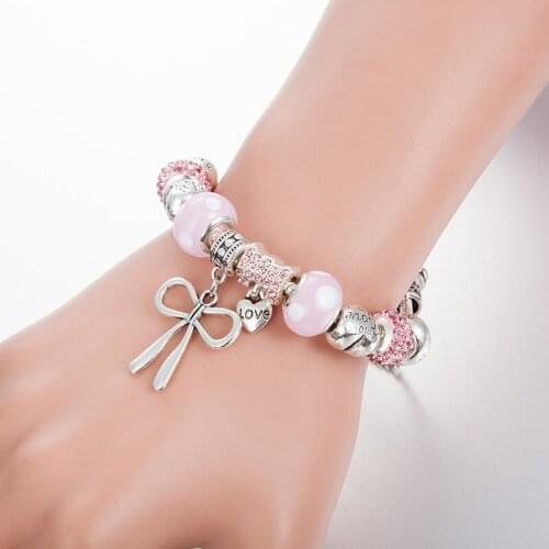 ANNAPAER Pink Murano Grass Bead Charm Bracelets Ottimo Articolo For Women Bowknot Bracelet & Bangles Bransoletki Damskie B17083