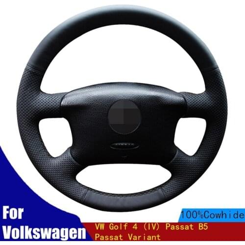 DIY Car Steering Wheel Cover Wrap Soft Black Genuine Leather For Volkswagen VW Golf 4 (IV) Passat B5 Passat Variant