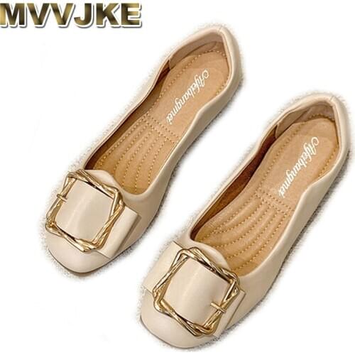 MVVJKEEuropean Style Comfortable Square Head Leather Shoes Metal Decoration Soft Bottom Pregnant Women Flat Shoes zapatos de muj