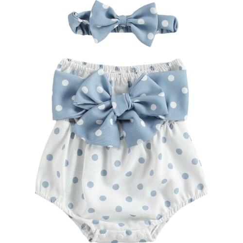 2021 Fashion Infant Strapless Jumpsuits Bowknot Outfits, Baby Girl Strapless Polka Dots Print Boat Neck Romper + Headband