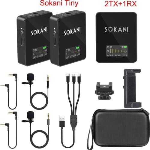 Sokani Tiny 2TX 1RX Microphone Kit UHF Wireless Mic System Lapel Lavalier Video Recording Microphone for Smartphone DSLR Camera