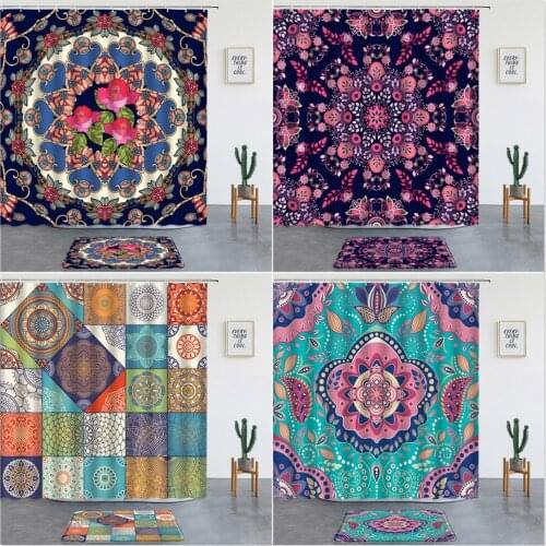 2 Pcs Mandala Floral Print Shower Curtains Set Bath Mat Bohemian Geometry For Bathroom Decor Washable Non-slip Carpet With Hooks