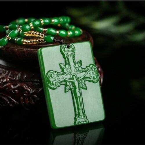 Natural Chinese Jade Green Hand Carved Cross Pendant Fashion Boutique Jewelry Men and Women Necklace Popular Gift