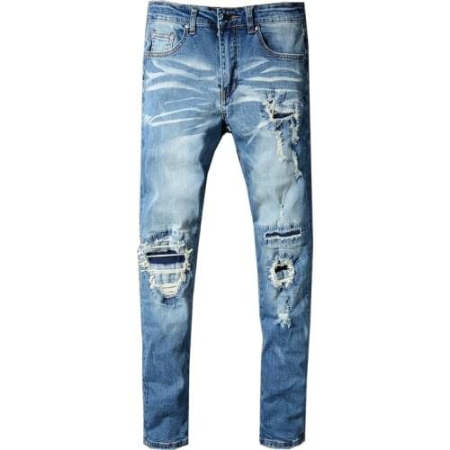 New mens male trousers Spring street style nostalgic washed ripped beggar jeans slim stretch denim pantsleggings 571