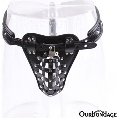 Ourbondage PU Leather Band Grid Strap Male Chastity Belt Grid Shape Cock Cage BDSM Bondage Penis Lock Sex Toys For Men Gay