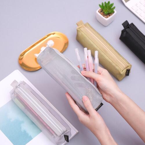 Simple Transparent Portable Mesh Pen Bag Pencil Case Zipped Stationery Pouch For School Office Pencil Box Storage Bag