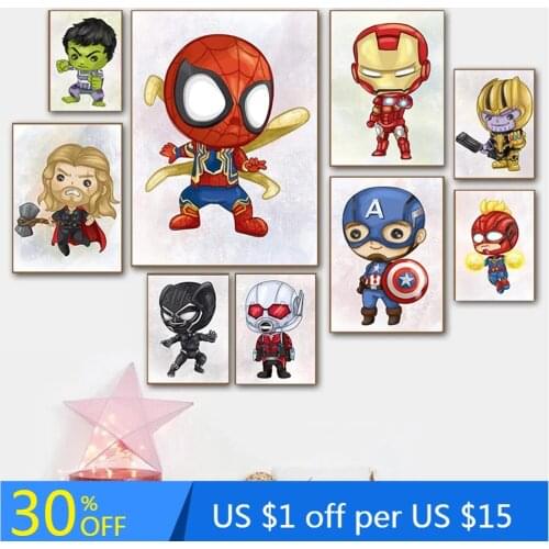 Q version Marvel Superhero Canvas Painting Captain America Thor Watercolor Painting Poster Wall Art Bedroom Home Cuadros Decor