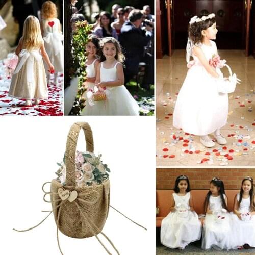Wedding Flower Girl Basket Vintage Rustic Style Bowknot Double Wood Heart Design Burlap Hessian Wedding Flower Basket