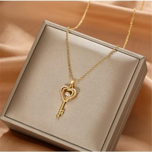 316L Stainless Steel Love Key Smart Necklace Heart-shaped Key Temperament Micro-inlaid Crystal Pendant Necklace