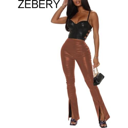 ZEBERY Faux Leather PU Mid Waist Flare Pants Women Long Trousers Club Casual Sexy 2021 Autumn Female New Zipper Splitted Pants
