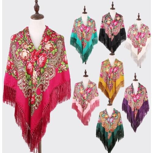 Women Flower Printing Russian Shawl Square Scarf Long Tassel Handkerchief Oversized Floral Palatine Wrap Cape Stole 135*135CM