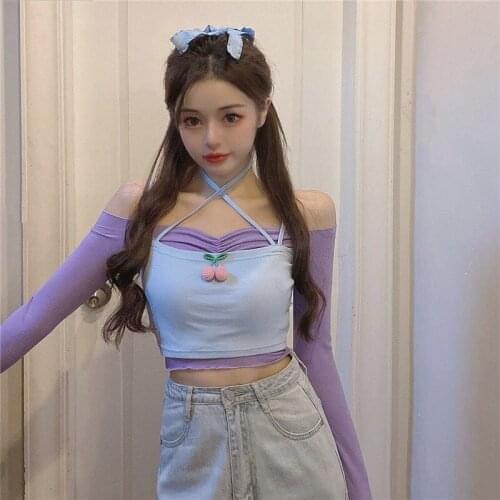Women Summer Crop Tops Two Piece Sets Purple Long Sleeve Slash Neck T Shirts and Sleeveless Camis Tanks Sweet Girl Clothes