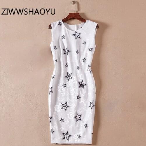 ZIWWSHAOYU Female Summer Sleeveless Chic Slim Pencil Dress Runway Designer Pentagram Floral Print Elegant fashion Mini Dresses